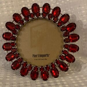 Pier 1 Red jewel embellished round picture frame. 4 inch or 10 cm diameter.